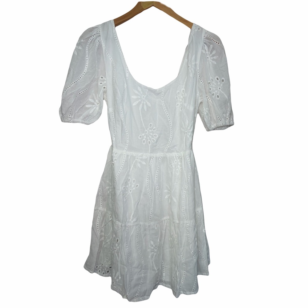 NWT Indikah Tied Back A-Line White Eyelet Mini Dress Large Boho Party Event - Picture 2 of 14